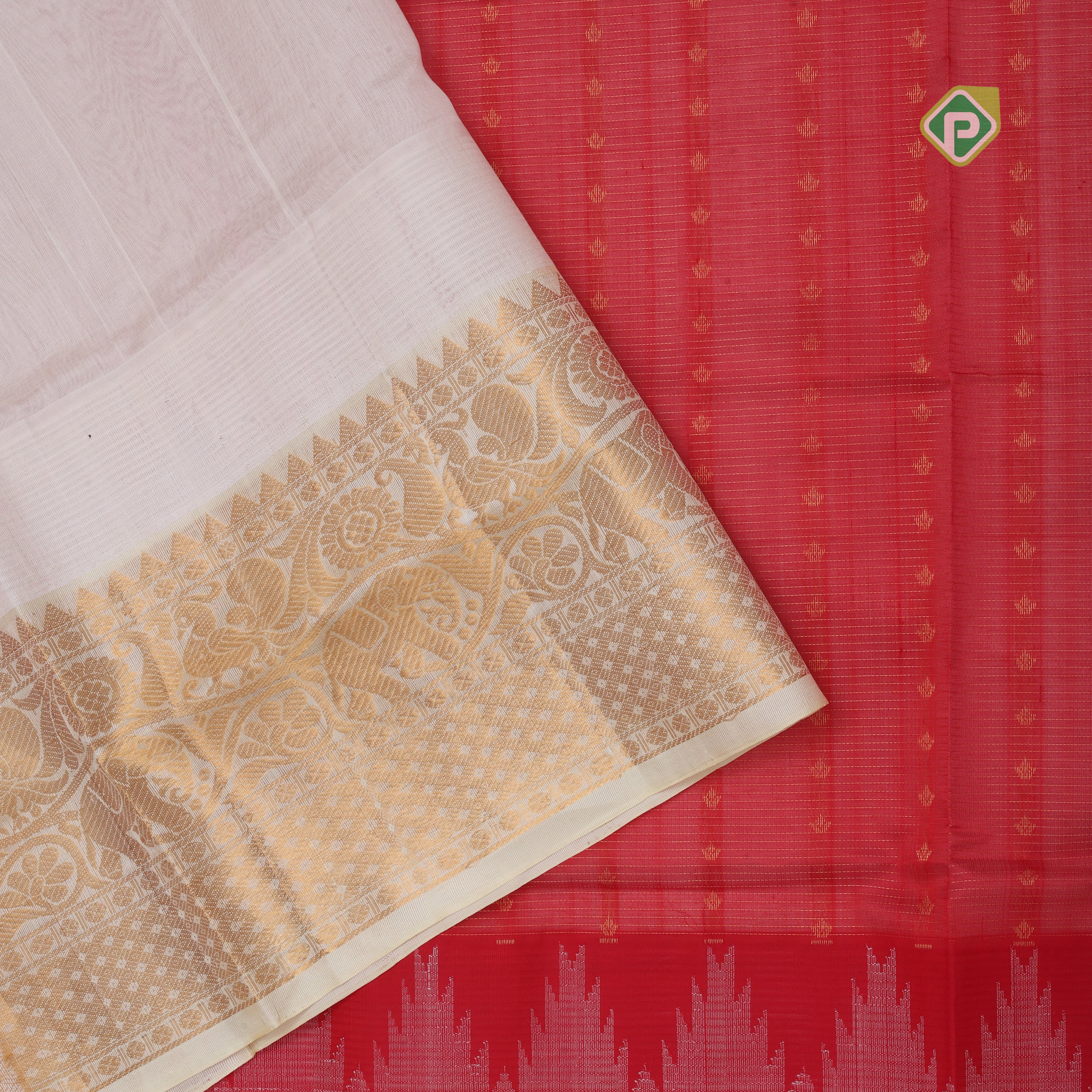 Chilly red with zari butta meena work sandal gold zari border kuppadam silk cotton saree