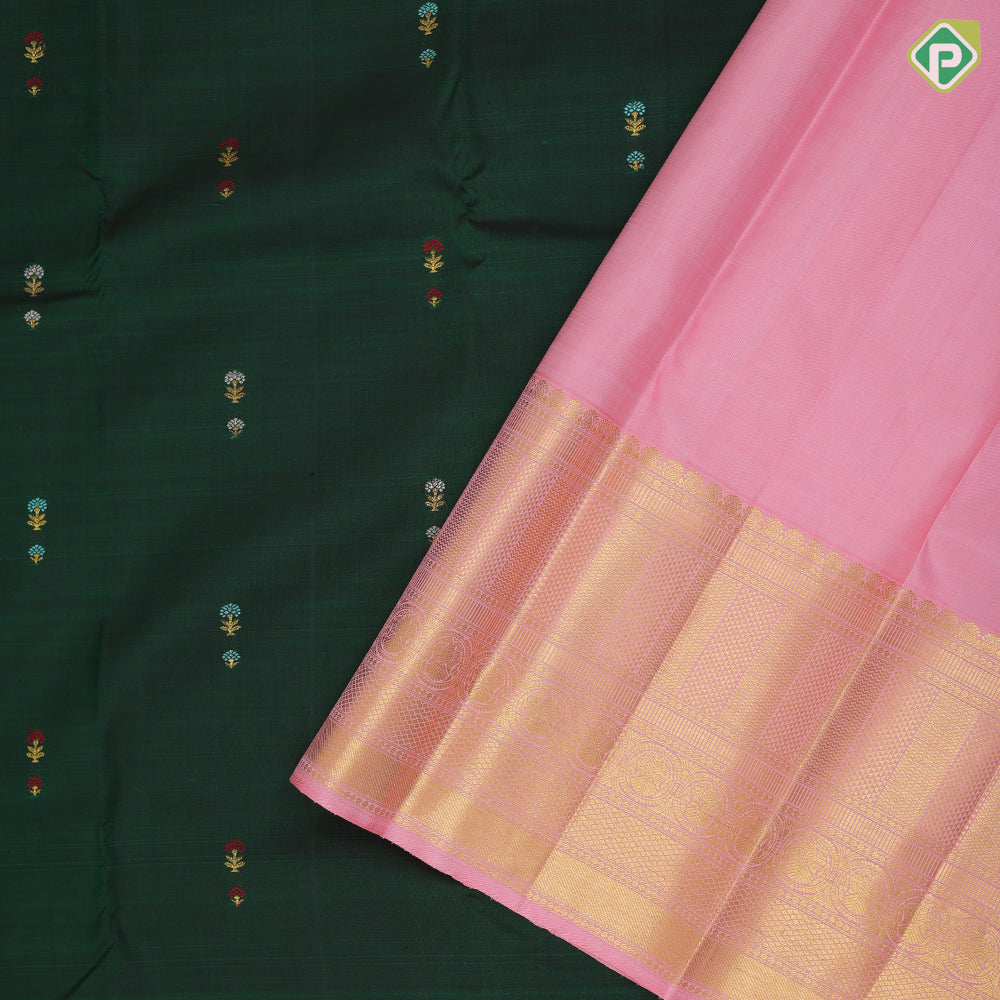 Dark green silver gold zari thread work small flower butta baby pink gold zari high border vintage silk saree