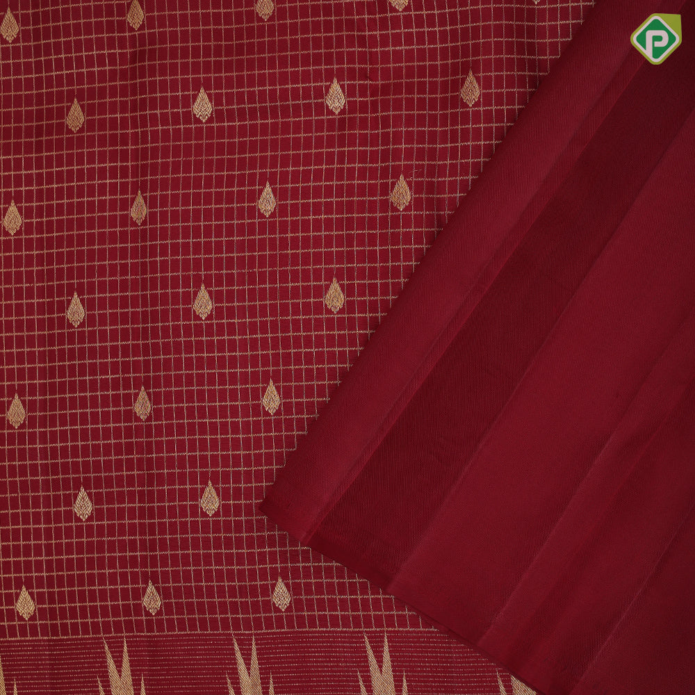 Maroon red gold zari kattam fancy thilagam butta self thazampoo design border temple gopuram pallu vintage silk saree