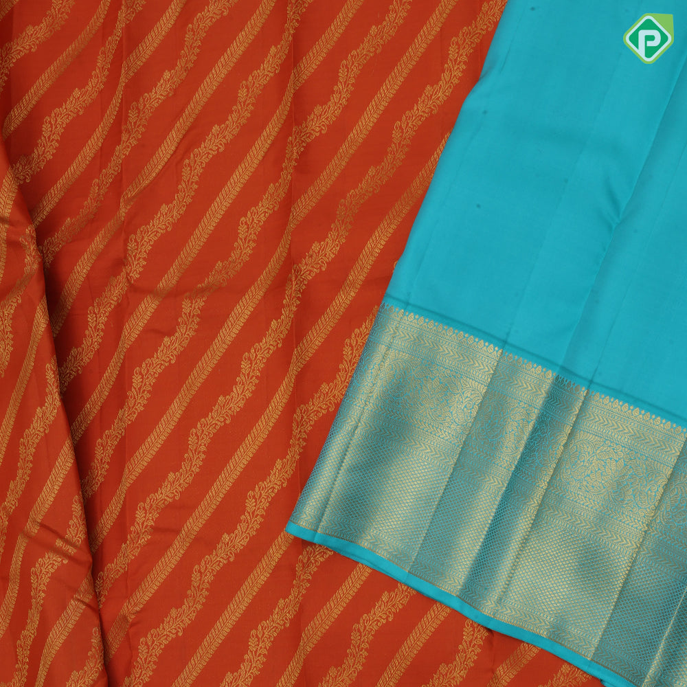 Honey Orange gold zari grand necklace design rama green gold zari floral high border bridal silk saree