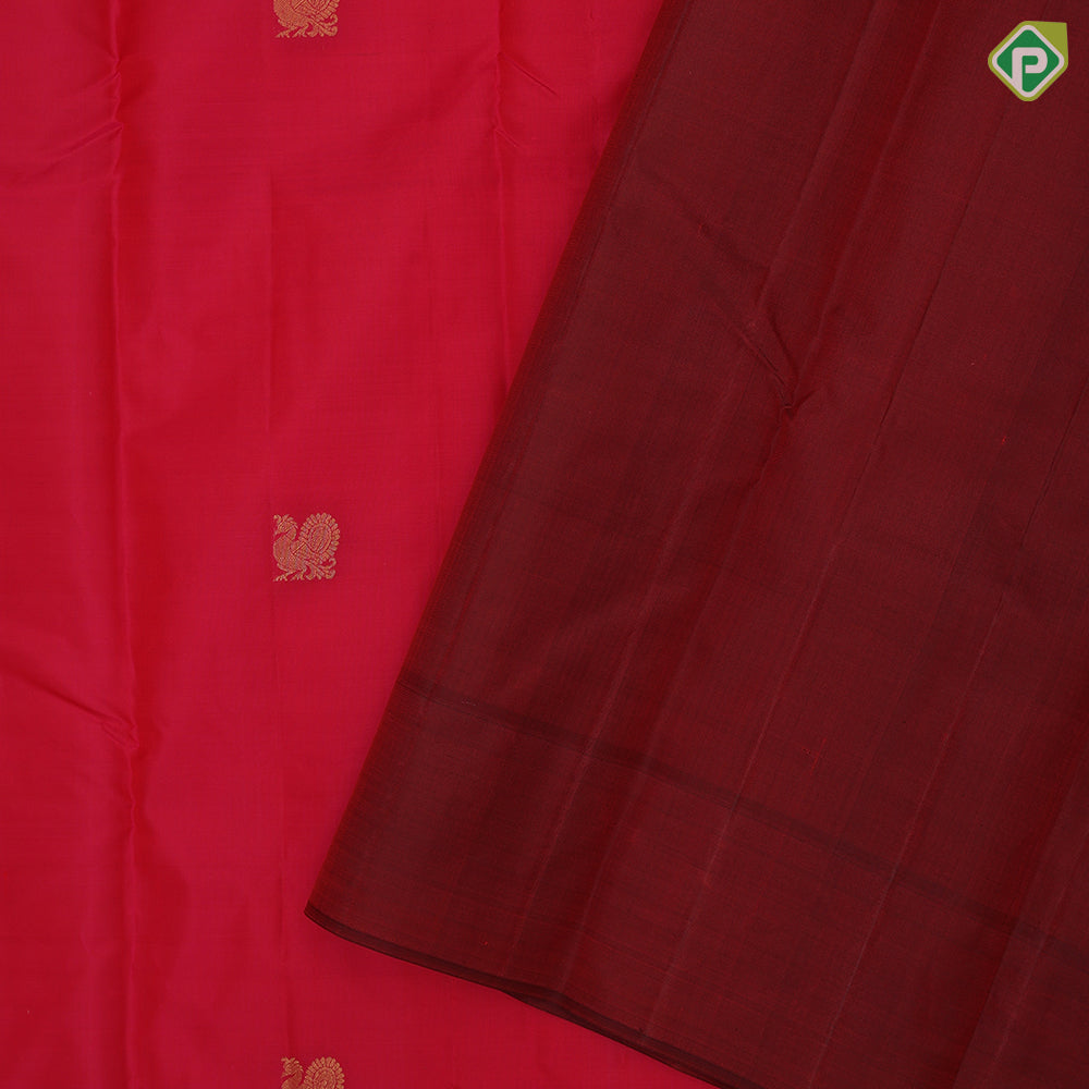 Magenta pink gold zari peacock butta motifs magenta copper gold zari zig zag border gift silk saree