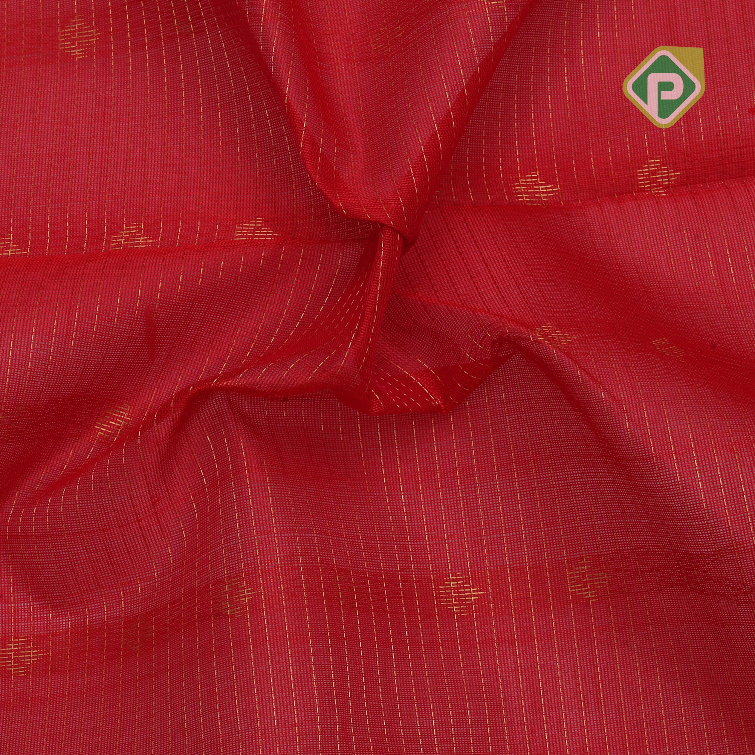 Chilly red with zari butta meena work sandal gold zari border kuppadam silk cotton saree