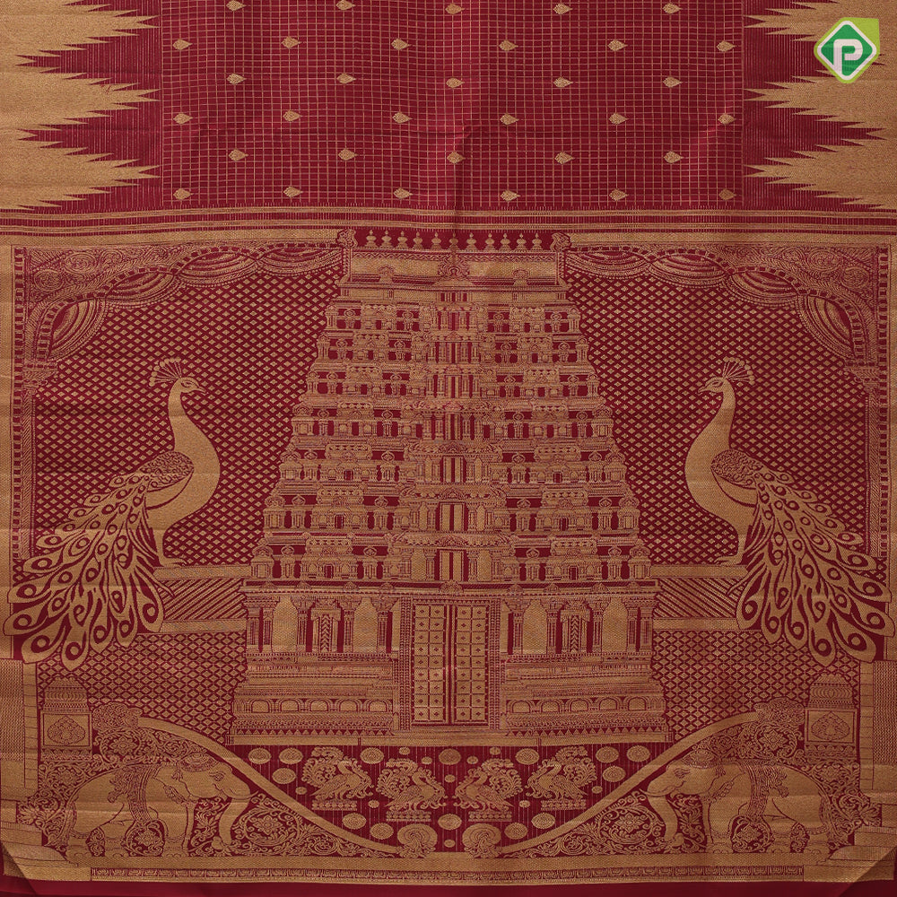 Maroon red gold zari kattam fancy thilagam butta self thazampoo design border temple gopuram pallu vintage silk saree
