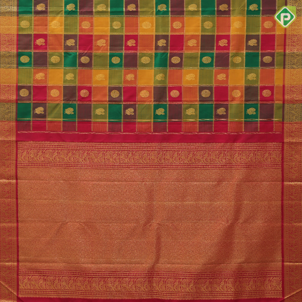 Multi color gold zari paalum pazhamum checks design maroon gold zari peacock border traditional silk saree