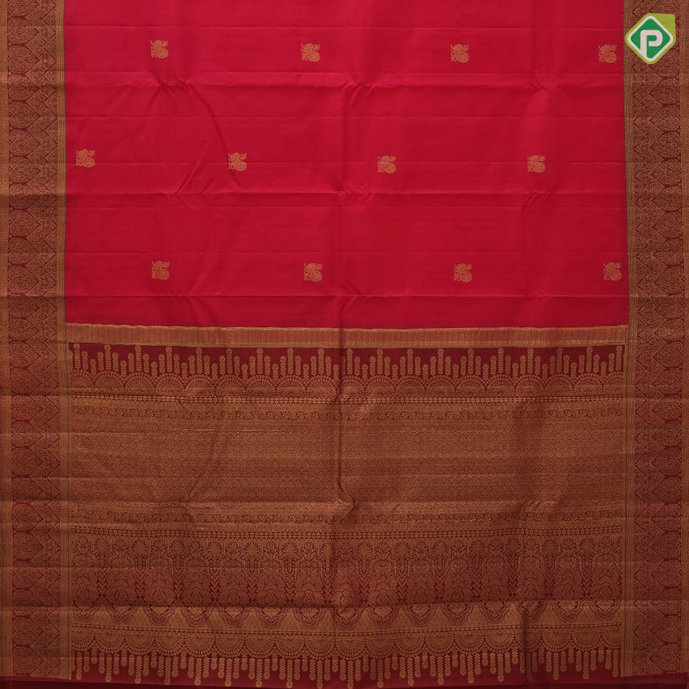 Magenta pink gold zari peacock butta motifs magenta copper gold zari zig zag border gift silk saree