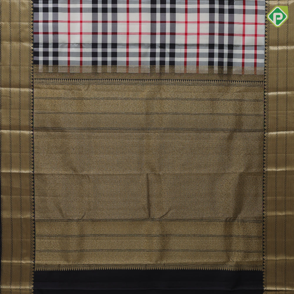 Cream base multi color barbarian chennai checks design Black with gold zari zig zag border Traditional silk saree
