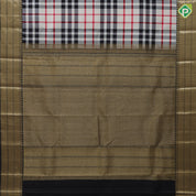 Cream base multi color barbarian chennai checks design Black with gold zari zig zag border Traditional silk saree