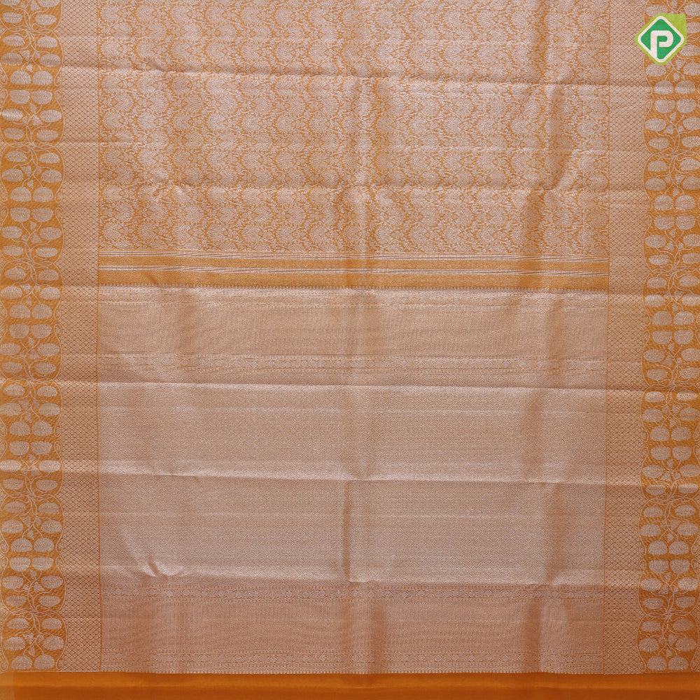 Orange silver zari grand floral creeper design self silver zari fancy flowers border organza silk saree