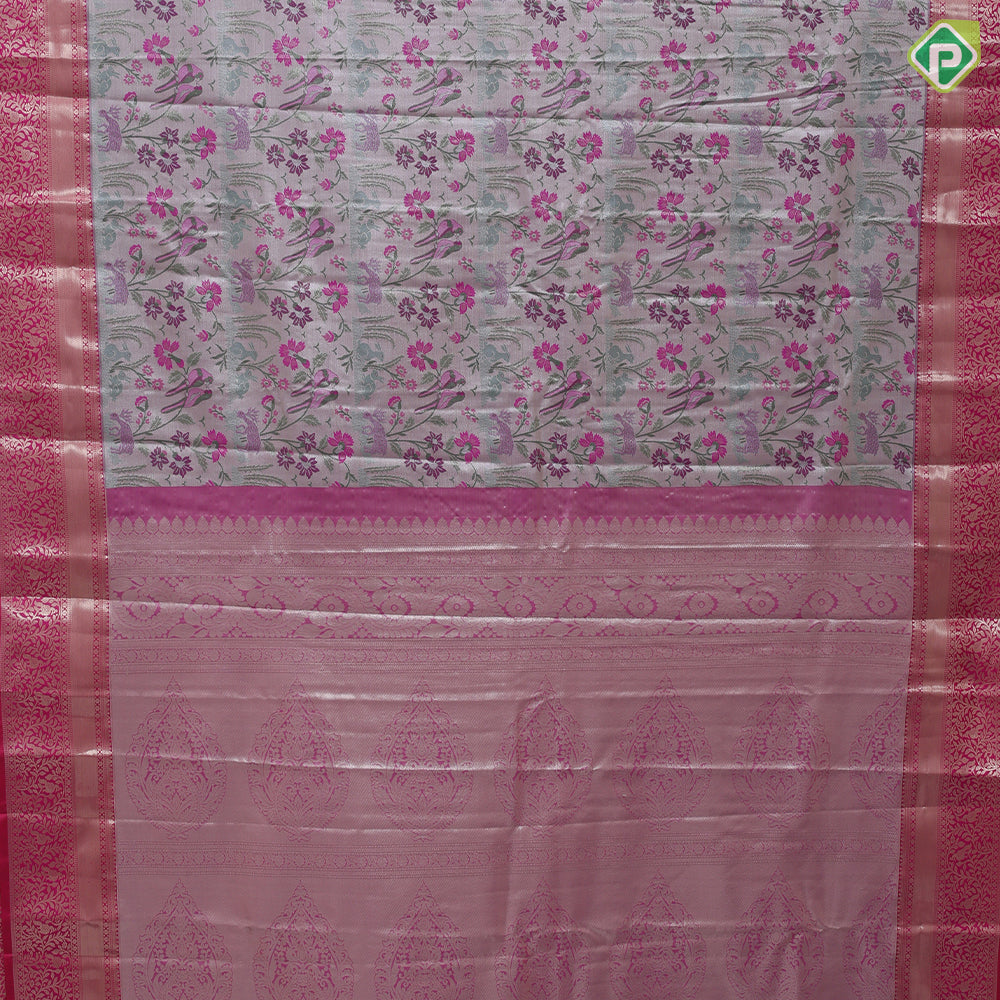 Pewter pink base multi color wild effect design dark green gold zari floral birds design border tissue art silk saree