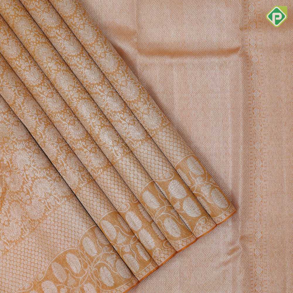 Orange silver zari grand floral creeper design self silver zari fancy flowers border organza silk saree