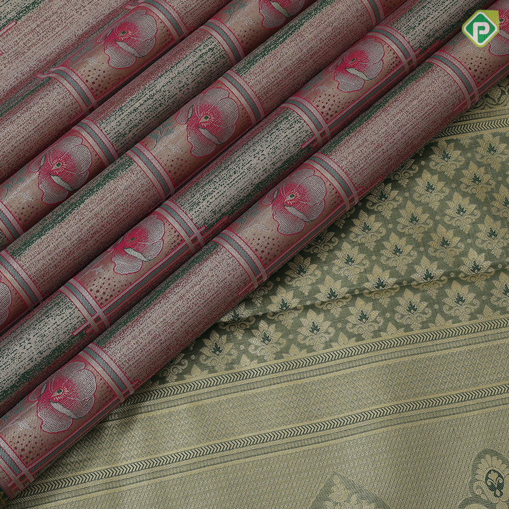 green base pastel red frame flower design self color gold zari grand border tissue art silk saree
