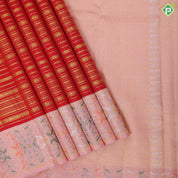 Chilly red gold zari velthari lines design light pink gold zari meena work border fusion silk saree