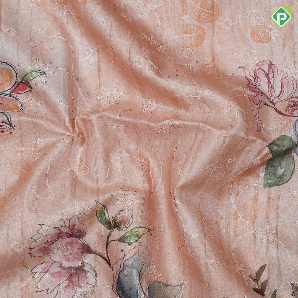 peach flower print and embroidered design gold zari plain border fancy cotton saree