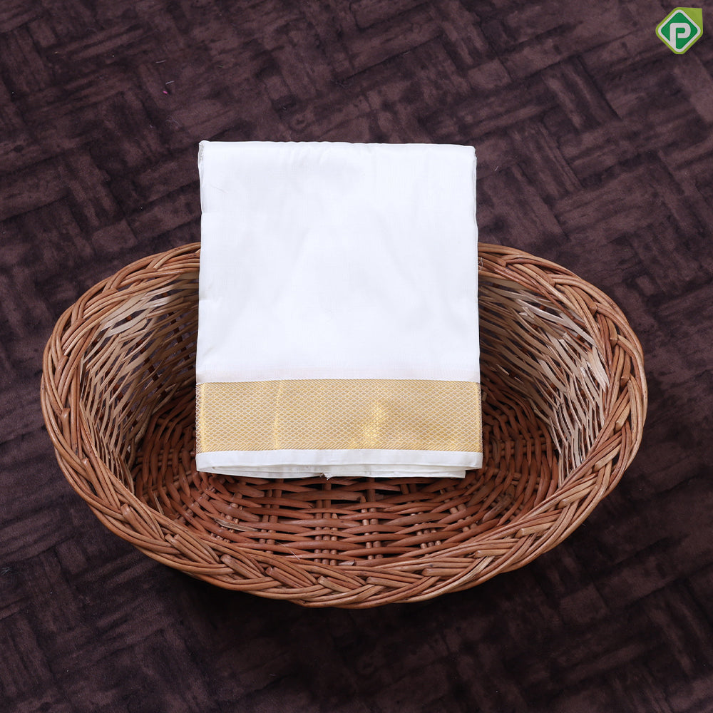 Cream White Gold Zari Border 8 Muzham 100 Kuligai Pure Mix Silk Dhoti