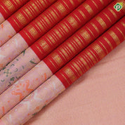 Chilly red gold zari velthari lines design light pink gold zari meena work border fusion silk saree