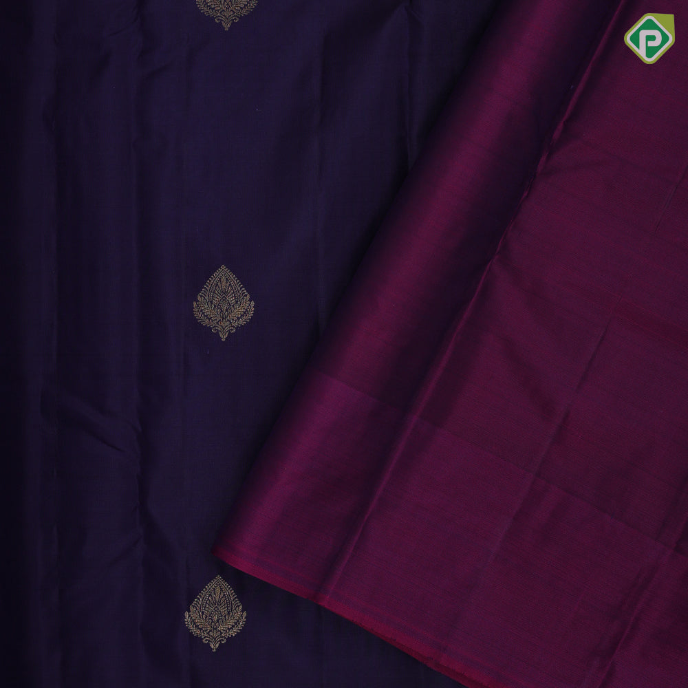 Dark blue gold zari leaf butta motif purple gold zari peacock banaras style design border gift silk saree