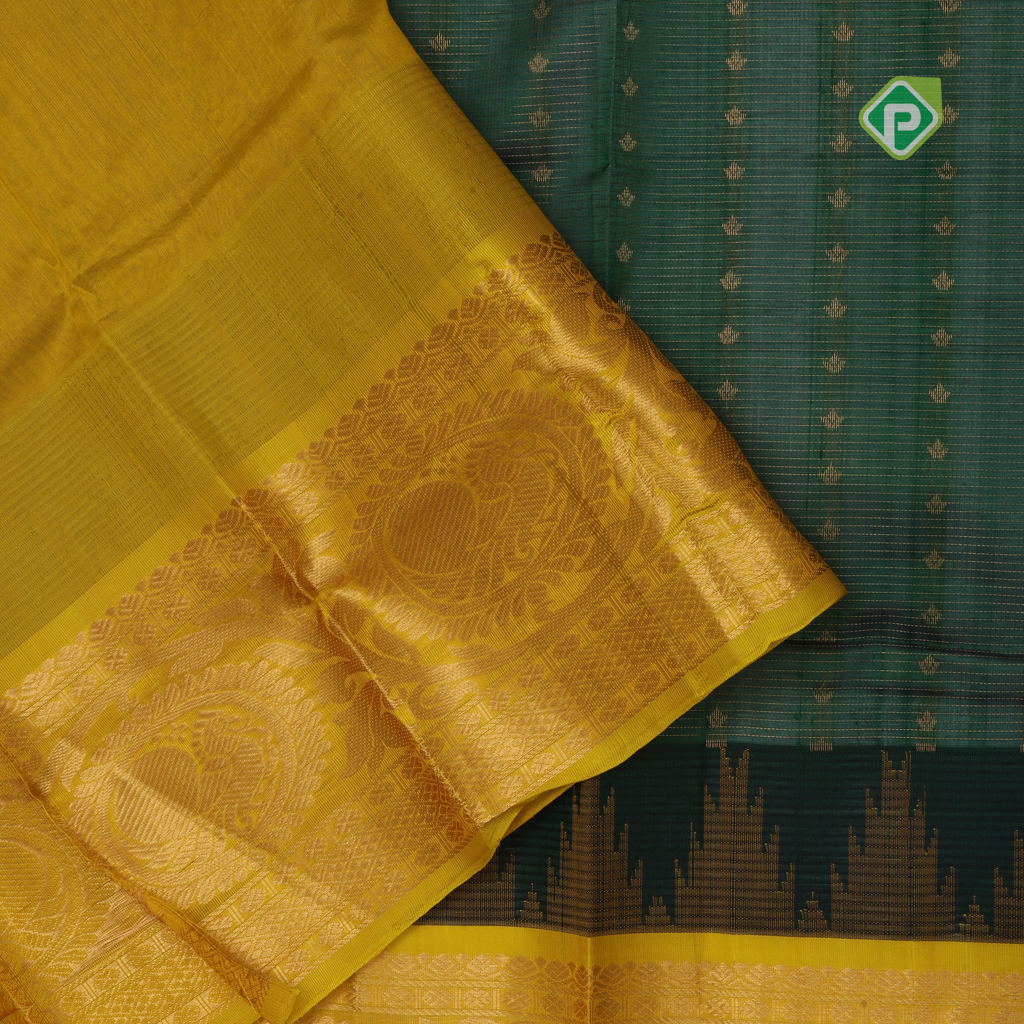 Bottle green with zari butta meena work lemon yellow gold zari border kuppadam silk cotton saree