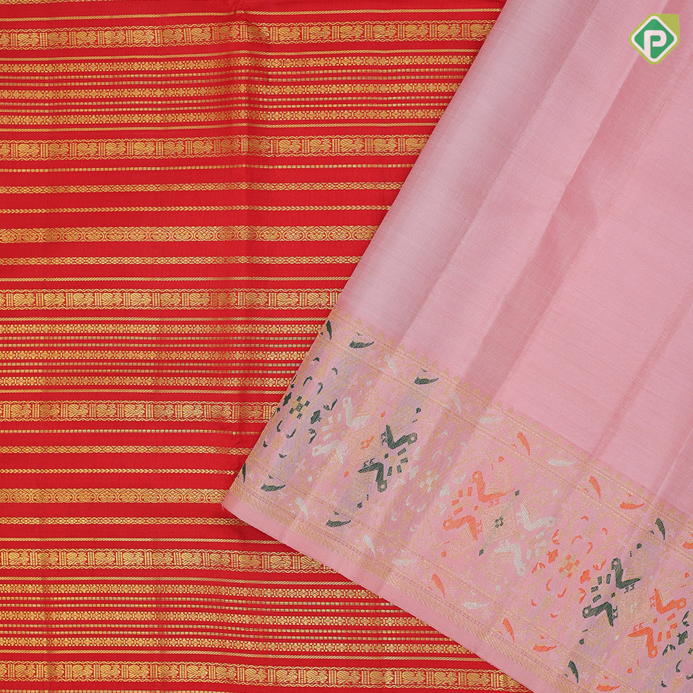 Chilly red gold zari velthari lines design light pink gold zari meena work border fusion silk saree