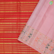 Chilly red gold zari velthari lines design light pink gold zari meena work border fusion silk saree