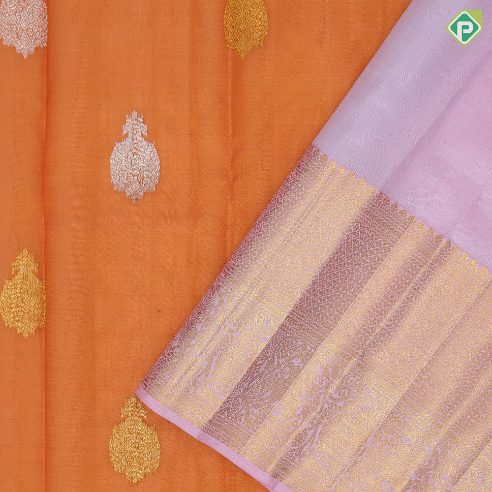 Honey orange silver gold zari thilagam butta light pink gold zari diamond and creeper design border organza silk saree