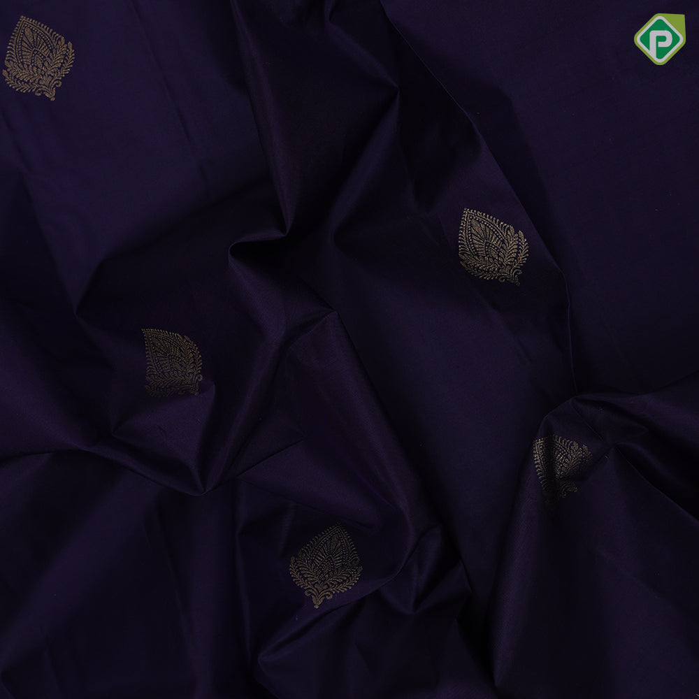 Dark blue gold zari leaf butta motif purple gold zari peacock banaras style design border gift silk saree