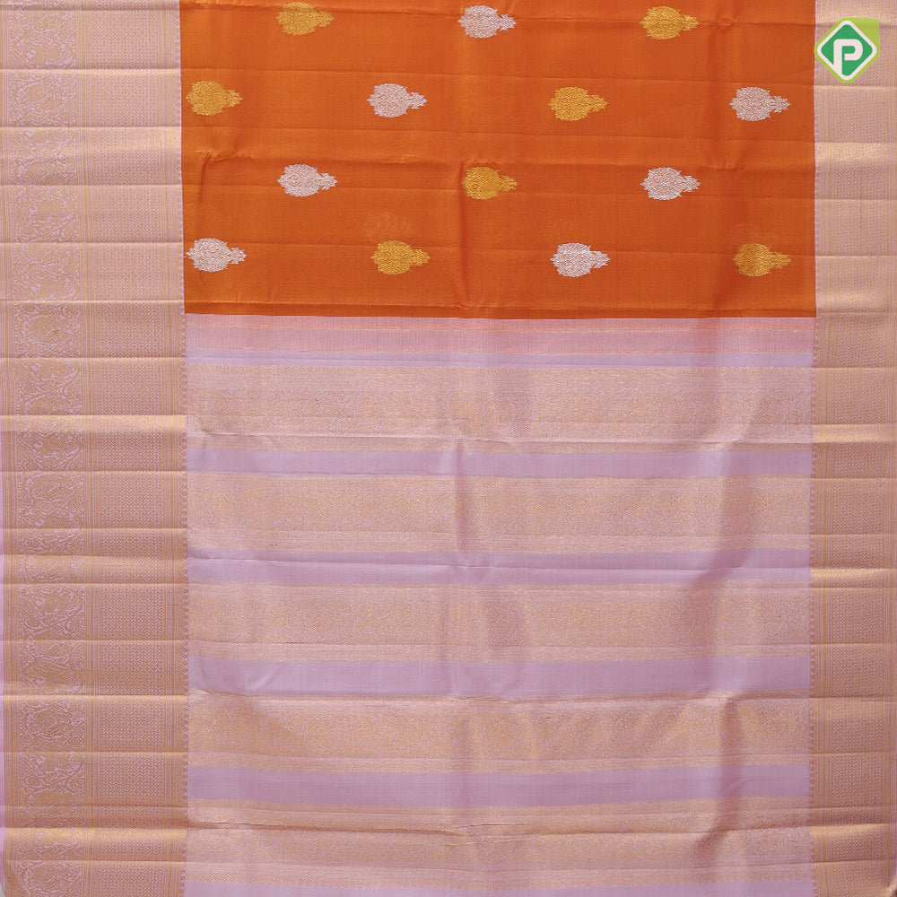 Honey orange silver gold zari thilagam butta light pink gold zari diamond and creeper design border organza silk saree