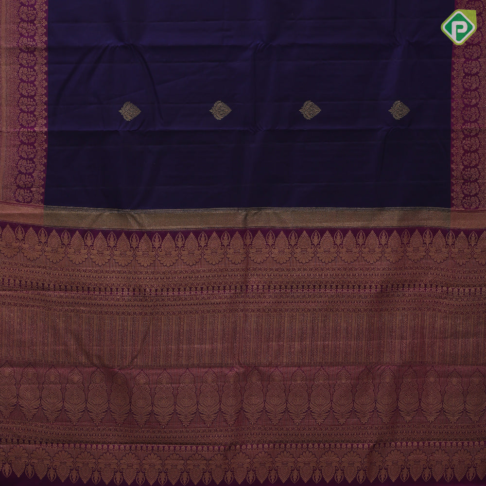Dark blue gold zari leaf butta motif purple gold zari peacock banaras style design border gift silk saree