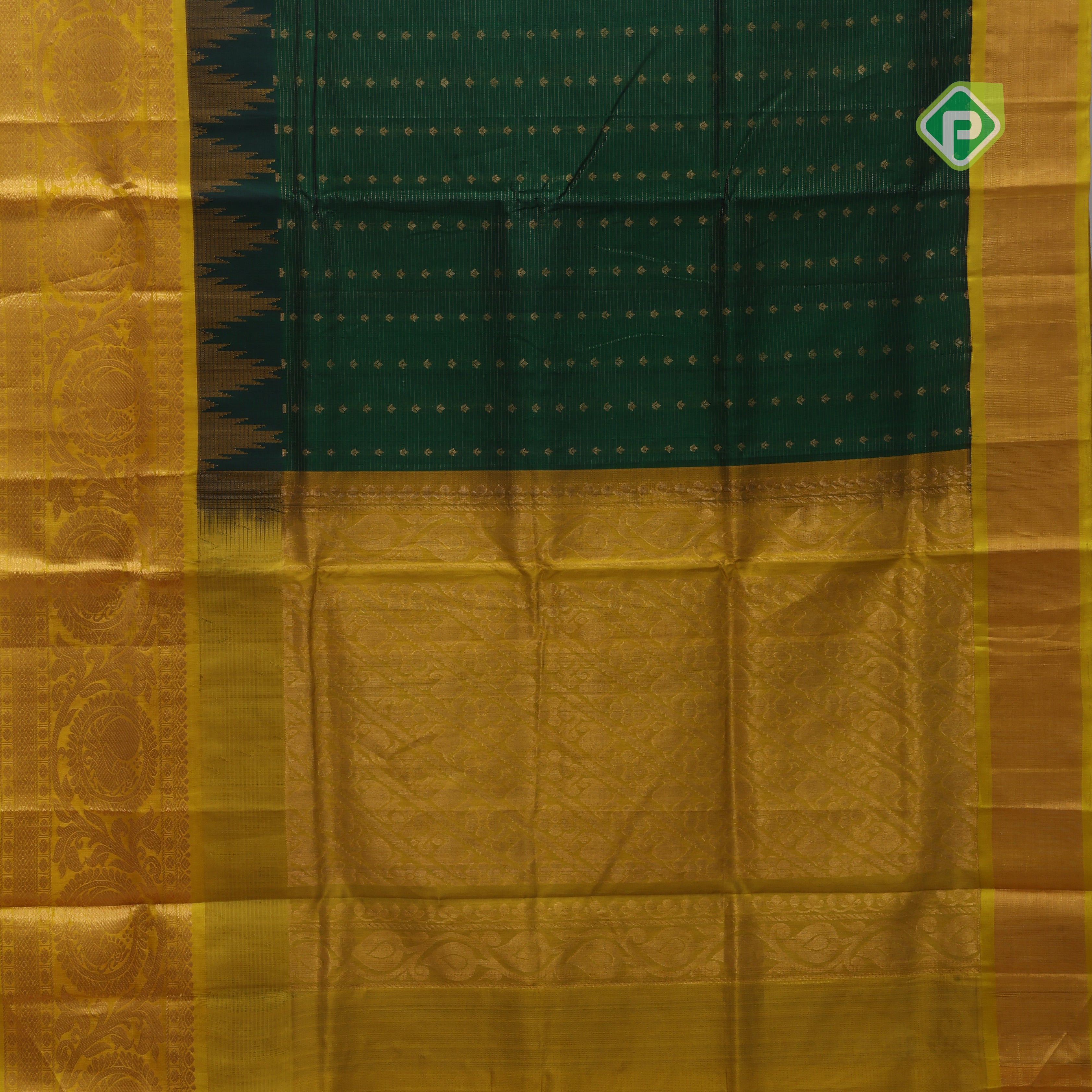 Bottle green with zari butta meena work lemon yellow gold zari border kuppadam silk cotton saree