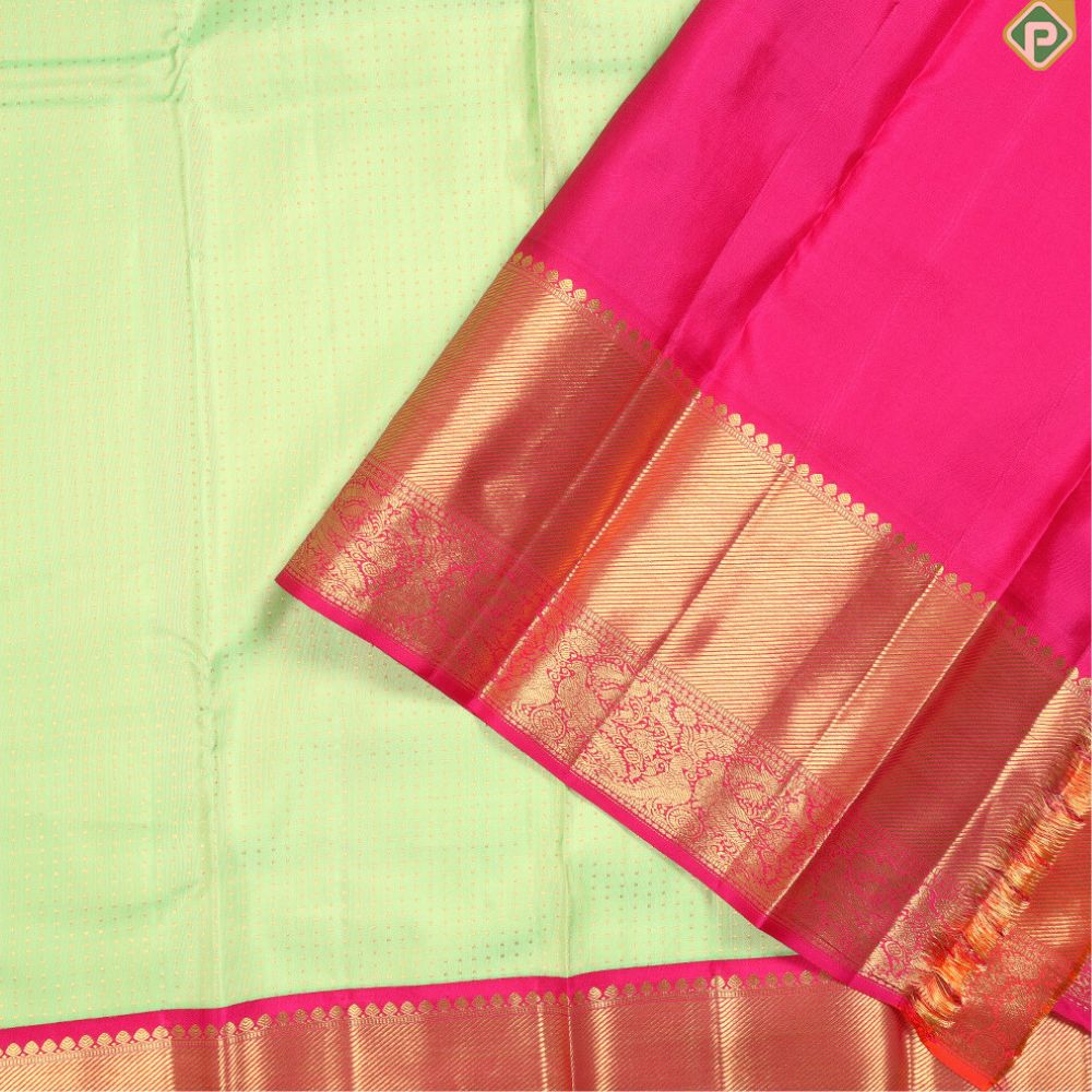 Pista Green With Gold Zari Dotted Butta And Rose Pink Border Bridal Silk Saree