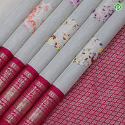 Cream color silver zari flying bird and flower round butta rani pink silver gold zari border linen kora silk saree