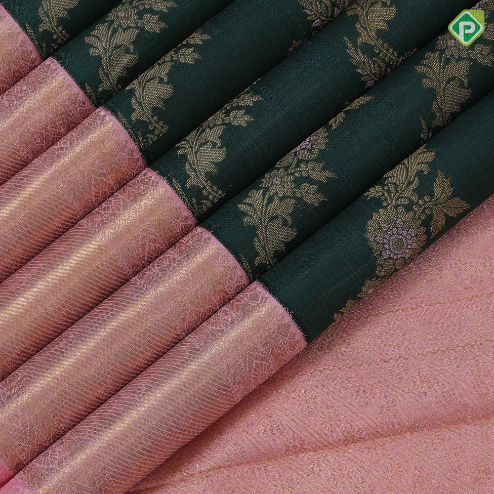 Dark green pink and gold zari floral creeper design pink gold zari zig zag border kora silk saree