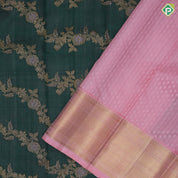 Dark green pink and gold zari floral creeper design pink gold zari zig zag border kora silk saree