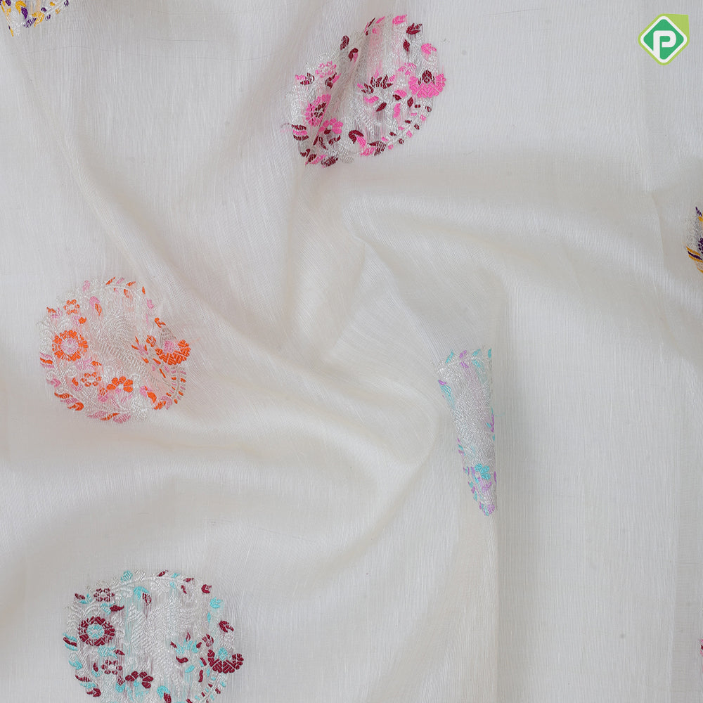 Cream color silver zari flying bird and flower round butta rani pink silver gold zari border linen kora silk saree