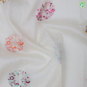 Cream color silver zari flying bird and flower round butta rani pink silver gold zari border linen kora silk saree