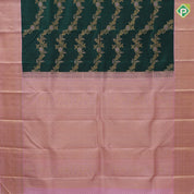 Dark green pink and gold zari floral creeper design pink gold zari zig zag border kora silk saree