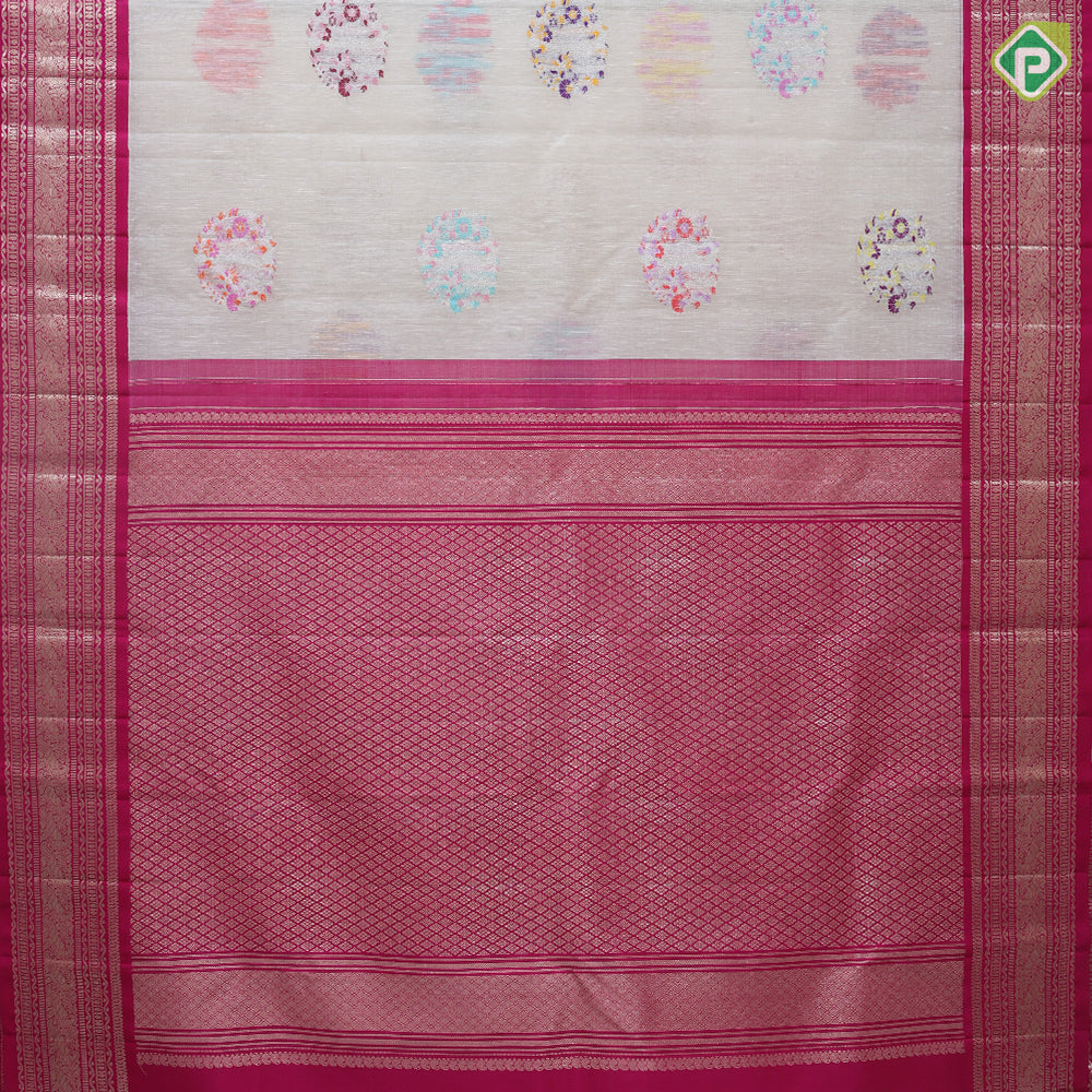 Cream color silver zari flying bird and flower round butta rani pink silver gold zari border linen kora silk saree