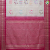 Cream color silver zari flying bird and flower round butta rani pink silver gold zari border linen kora silk saree