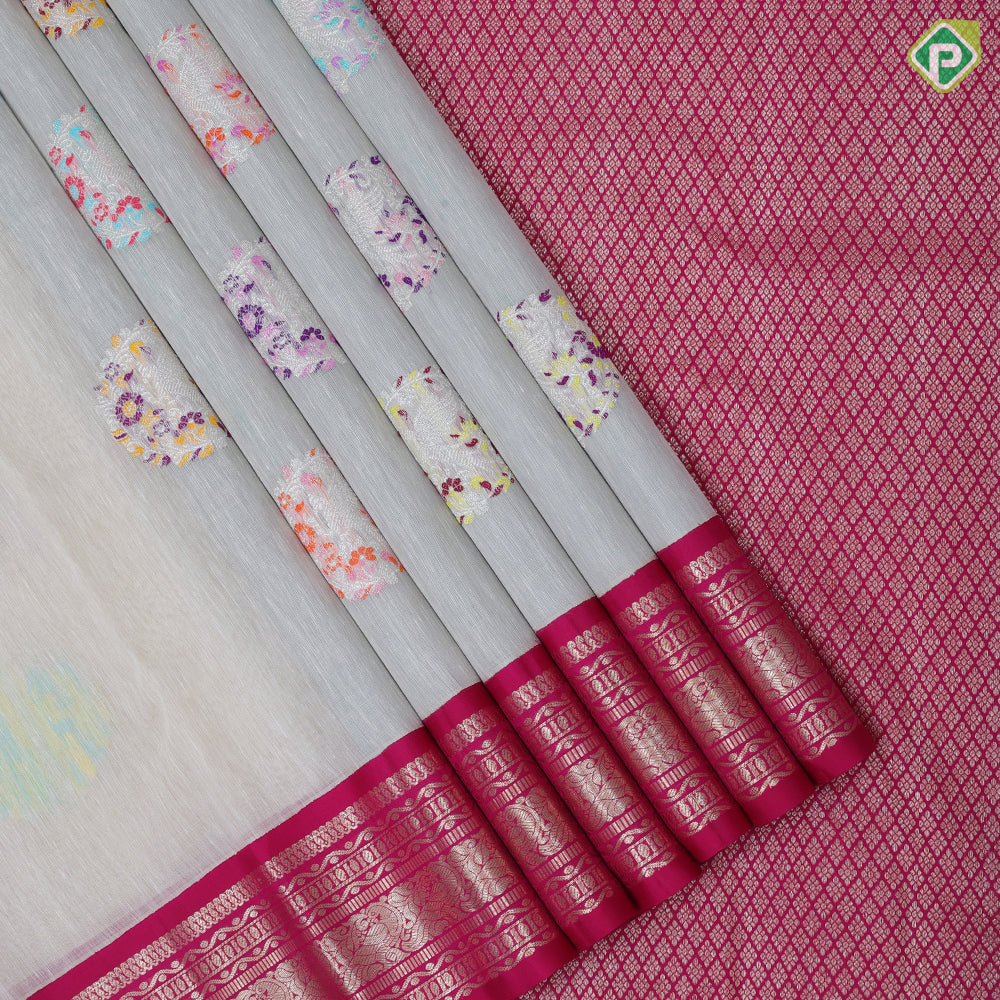 Cream color silver zari flying bird and flower round butta rani pink silver gold zari border linen kora silk saree