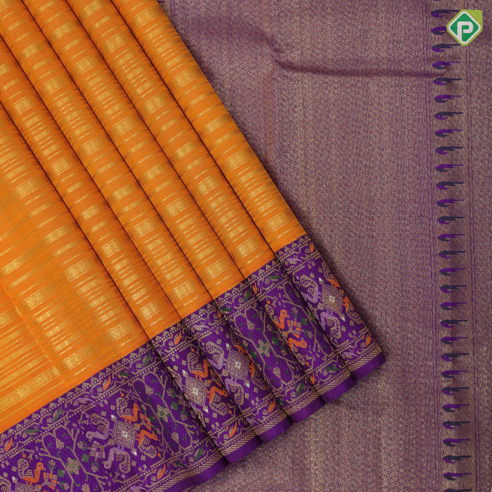 Chilly red gold zari velthari lines design light pink gold zari meena work border fusion silk saree