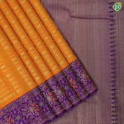 Chilly red gold zari velthari lines design light pink gold zari meena work border fusion silk saree