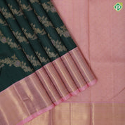 Dark green pink and gold zari floral creeper design pink gold zari zig zag border kora silk saree