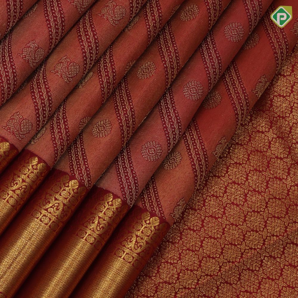 Honey Orange shimmer tissue peacock chakkaram cross self big round high border grand bridal silk saree