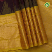 Maroon red gold zari lines thilagam buttas design Lemon yellow gold zari border silk cotton saree