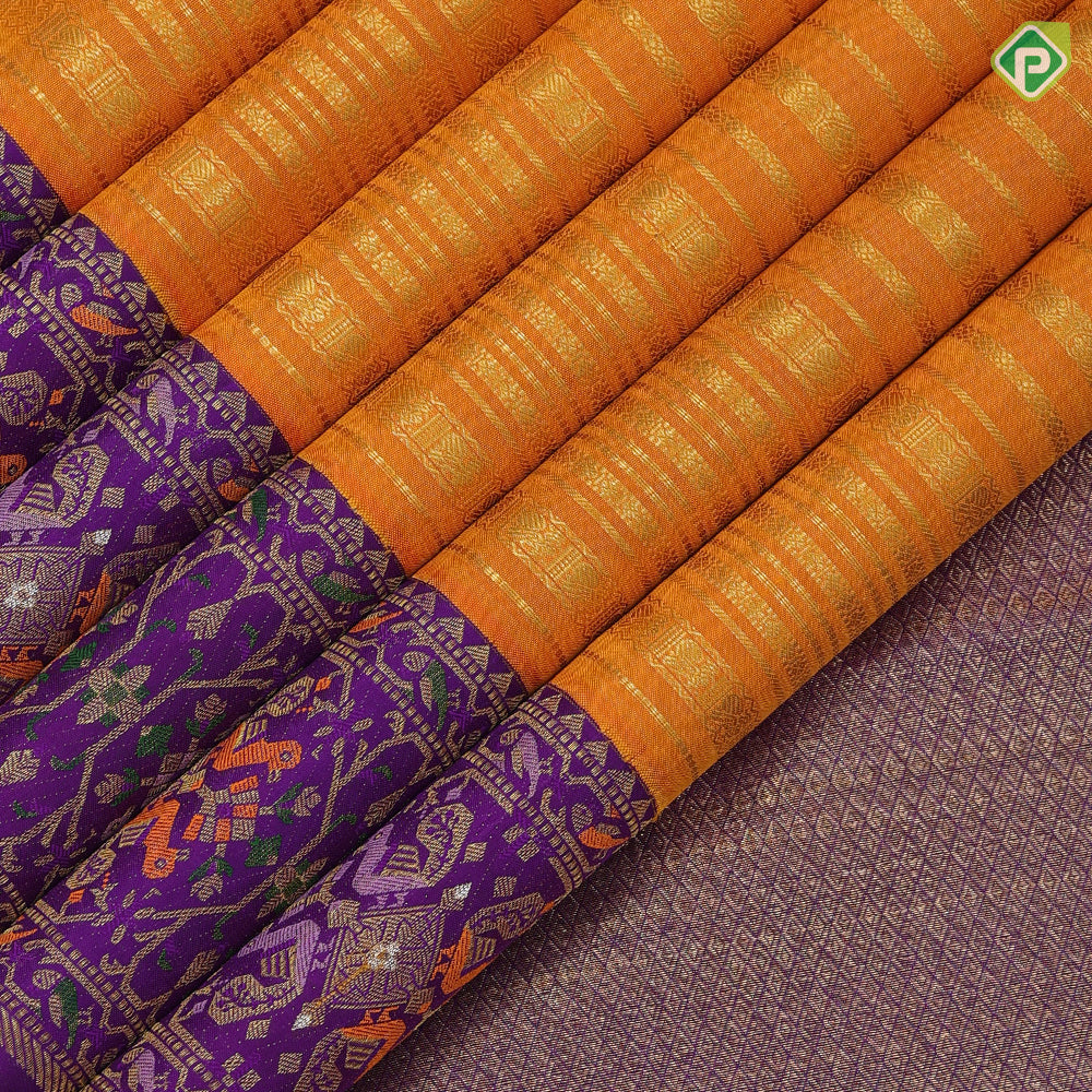 Chilly red gold zari velthari lines design light pink gold zari meena work border fusion silk saree