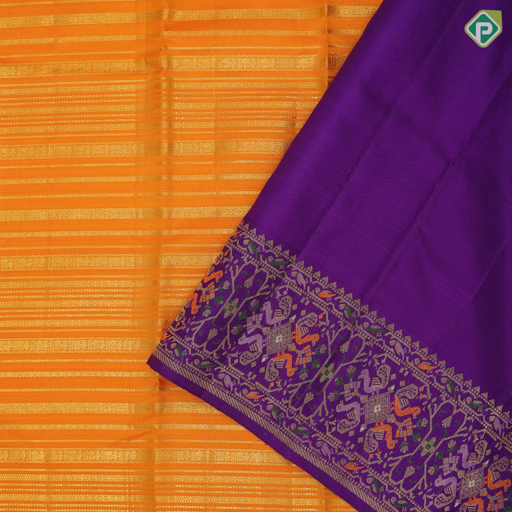 Chilly red gold zari velthari lines design light pink gold zari meena work border fusion silk saree