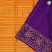 Chilly red gold zari velthari lines design light pink gold zari meena work border fusion silk saree