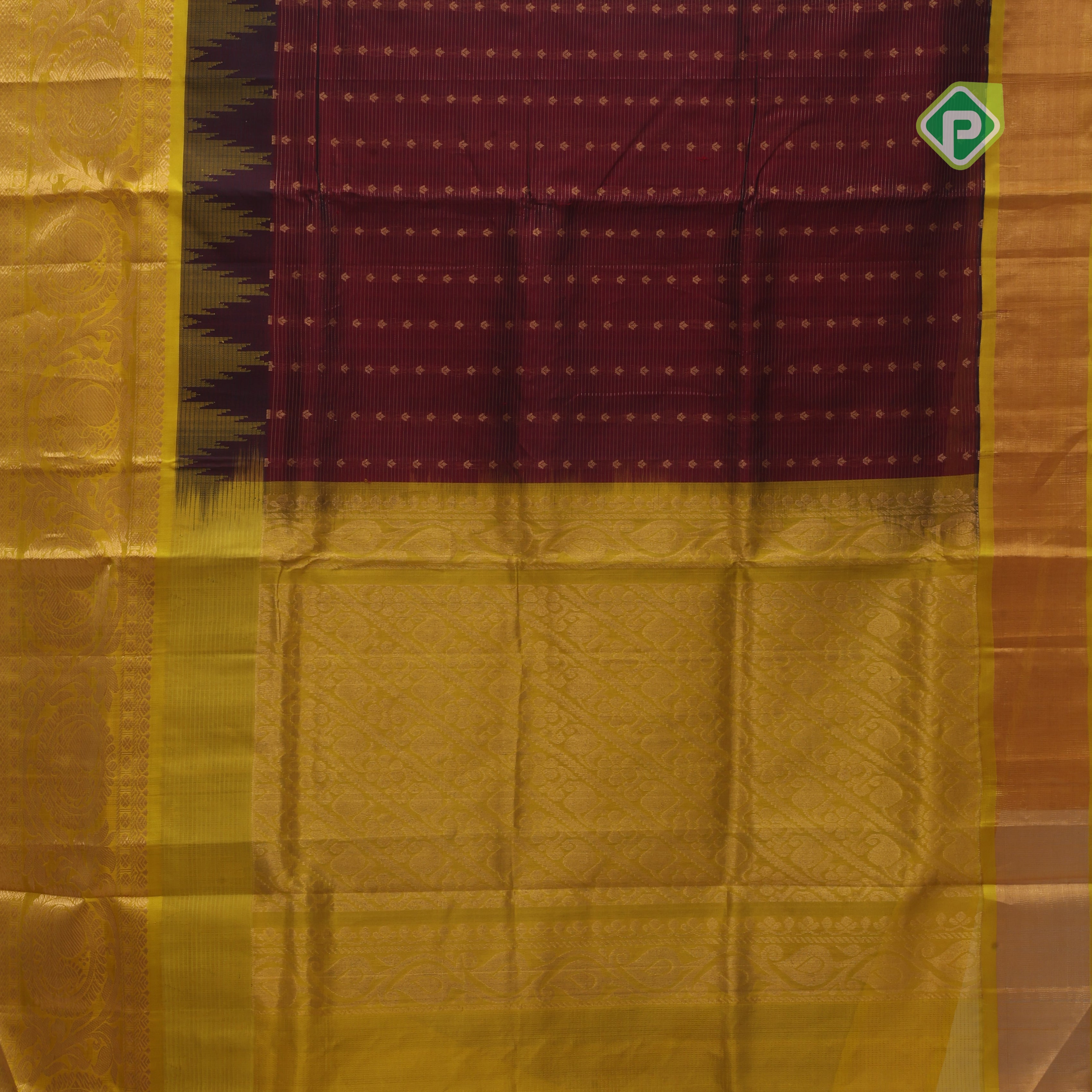 Maroon red gold zari lines thilagam buttas design Lemon yellow gold zari border silk cotton saree
