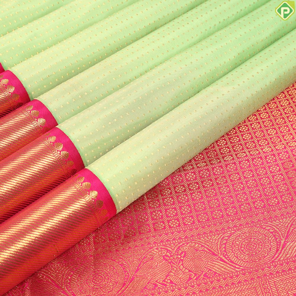 Pista Green With Gold Zari Dotted Butta And Rose Pink Border Bridal Silk Saree
