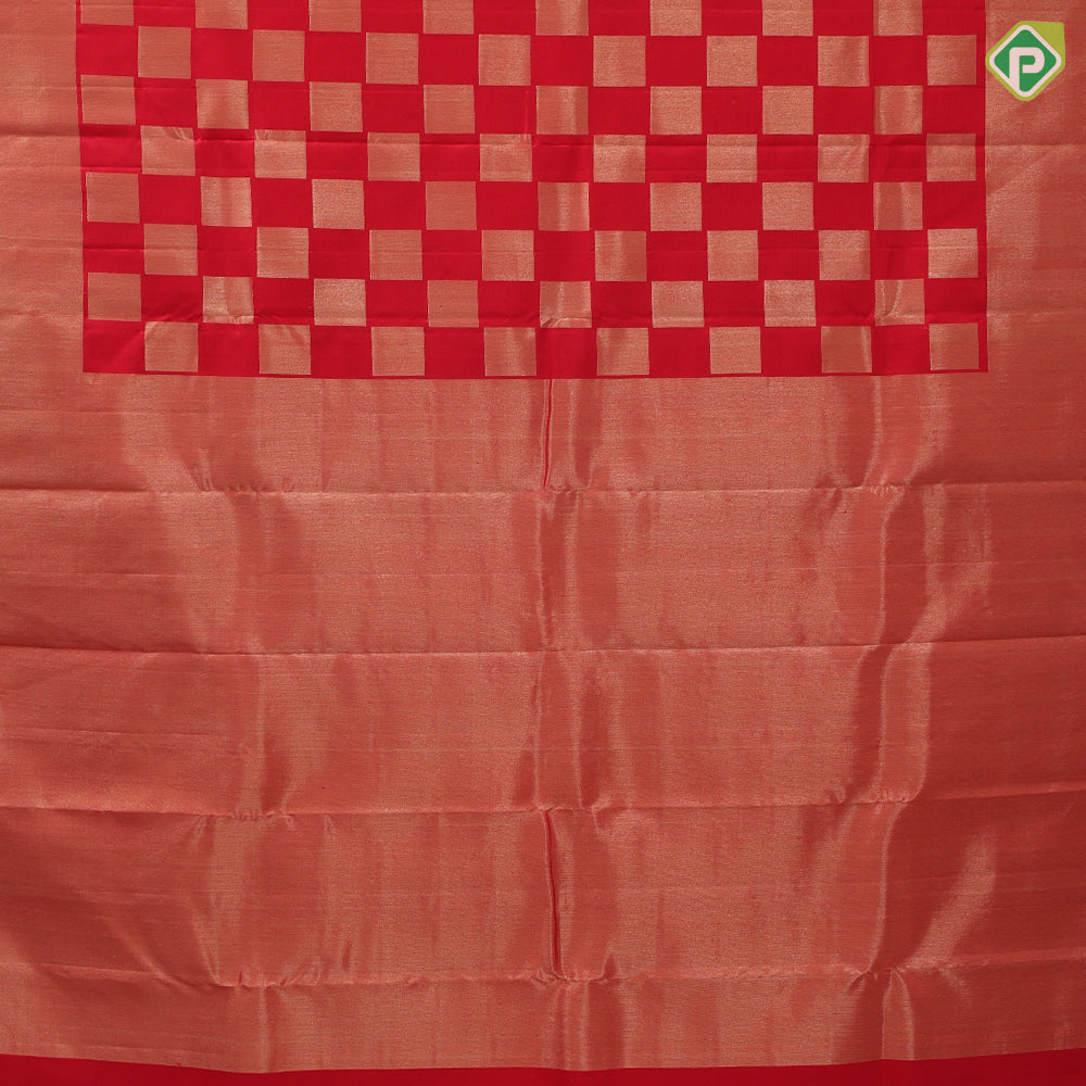 Chilly red gold zari Chess board pattern self gold zari bavanji border trendy designer silk saree