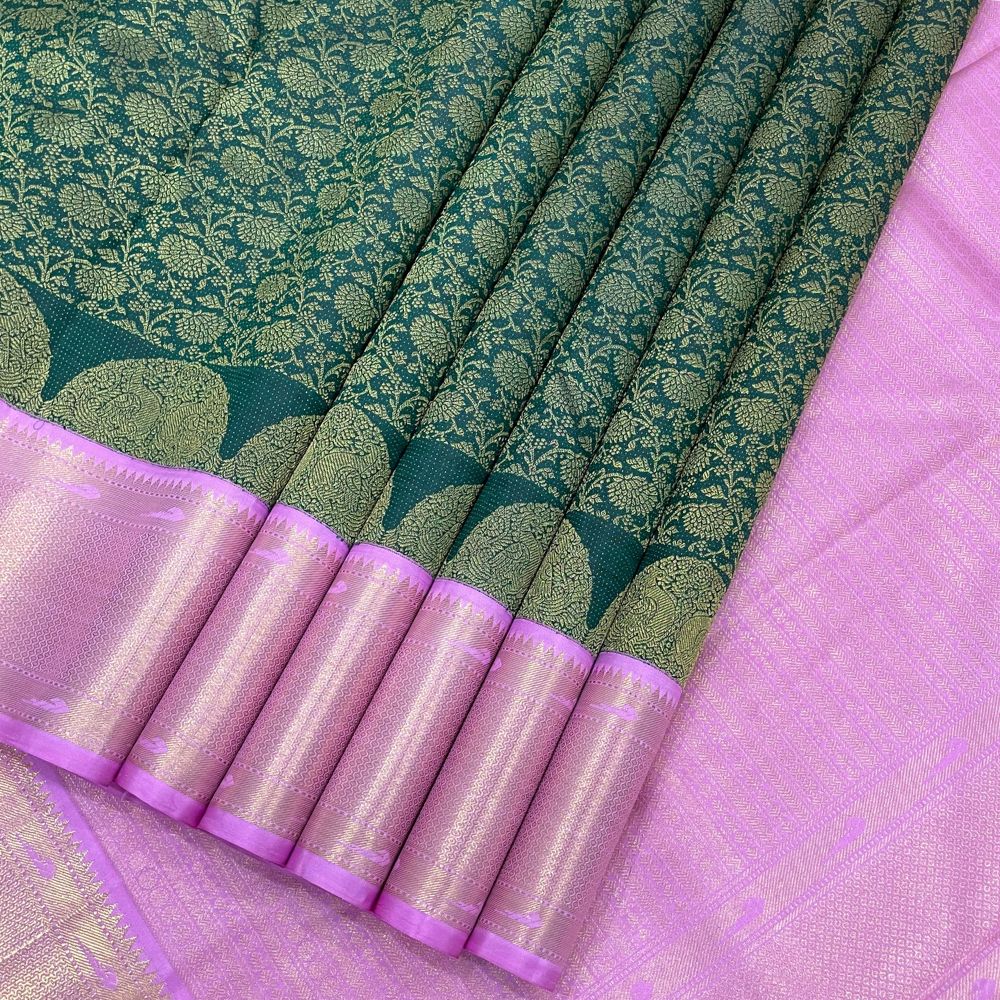 Bottle Green Two Lines Mid Bavanji Border Grand Bridal Silk Saree